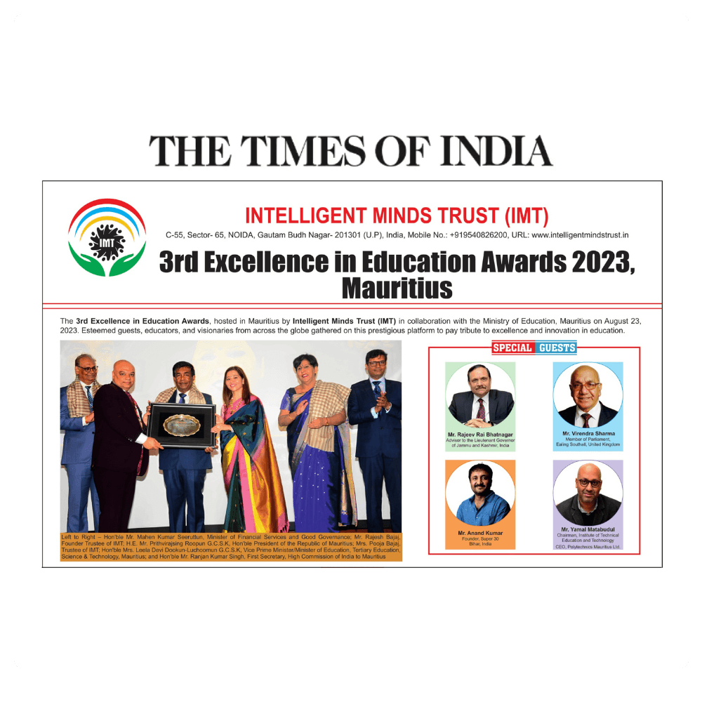 Intelligent minds trust- IMT 3rd Excellence in education award 2023 Media coverage by Time of India